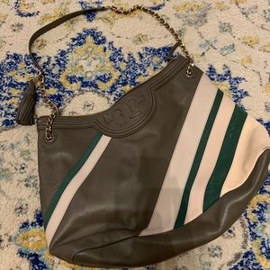 Large Tory Burch Striped Bag-Green, Beige, & Gray